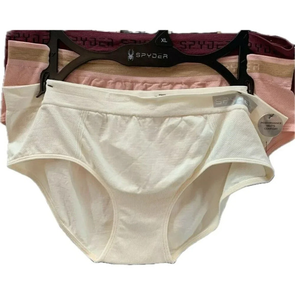 Spyder XL Maroon-Cream-Coral Logo Waistband Stretch Comfort Hipster Panties 3-Pk - Picture 2 of 5